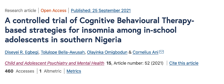 A controlled trial of Cognitive Behavioural Therapy-based strategies for insomnia among in-school adolescents in southern Nigeria